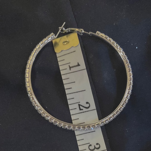 Two Pair Silver Hoop with Rhinestones Earrings, BLING 2.5” & 2.75” - Picture 4 of 7